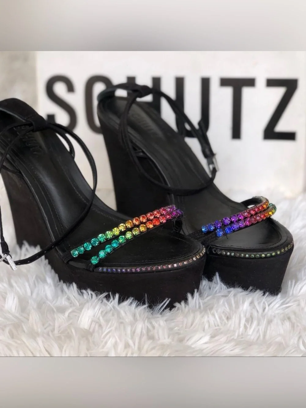 SCHUTZ Black Platform Wedge Sandals with Rainbow Crystal Straps